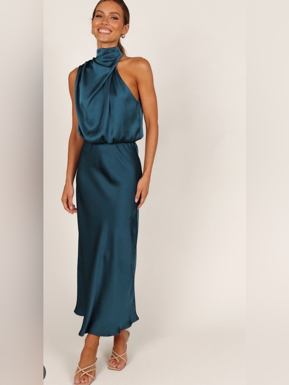 Satin Halter Maxi Dress in Teal
